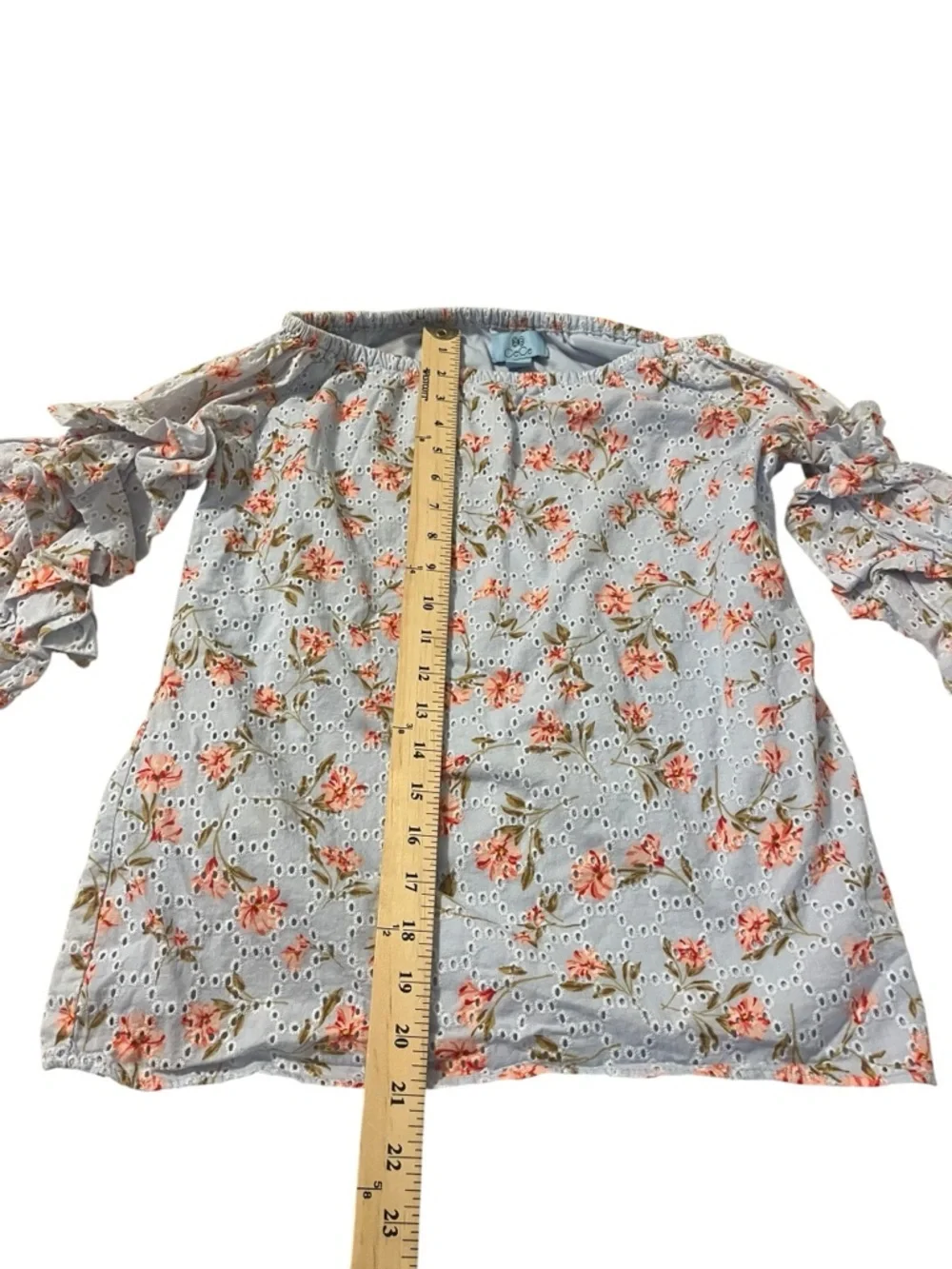 Boho Floral Eyelet Prairie Off Shoulder Top Ruffle Sleeve CottageCore Blouse S - Picture 4 of 7
